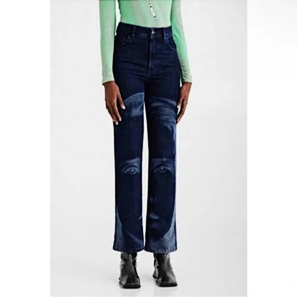 Paloma Wool NEW Vida Jeans Straight Leg Pants Laser Printed Portrait Horses Blue - Picture 2 of 13